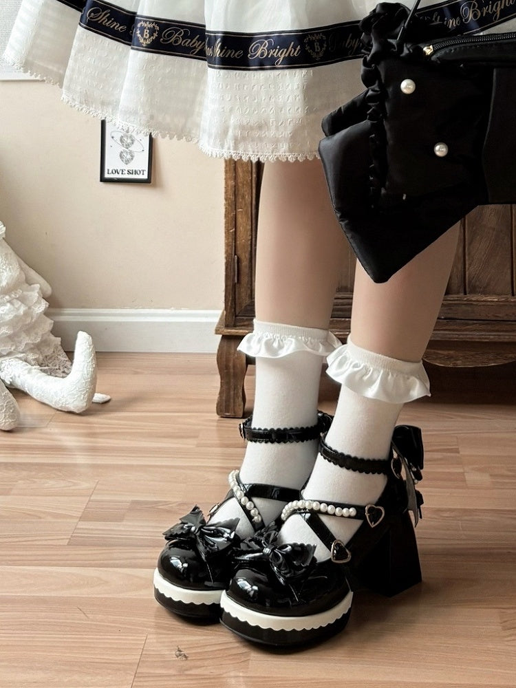 Straps Janes Crisscross Style Heel Block Lolita Black with Mary Bow High - Bead-Embellished Accents Sweet
