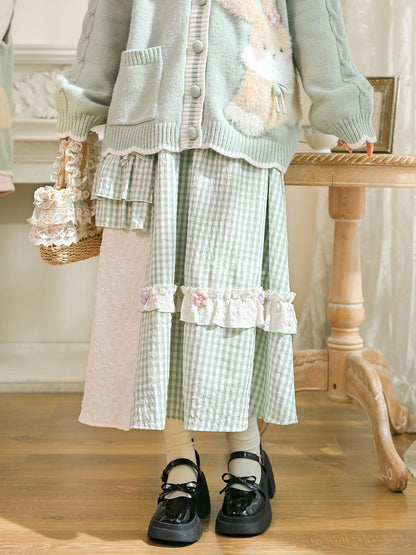 モリケイ グリーン チェック柄 ニット 花柄 蝶結びディテール スカート