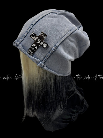 Y2K Rolled Hem Hat Rock Accent Punk Cross Black/Blue