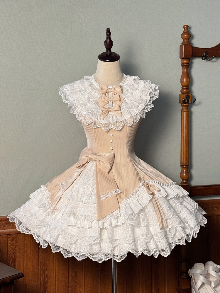 Robe Sweet Lolita sans manches en tissu rayé champagne, coupe ajustée, taille superposée, col à volants