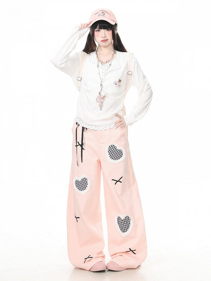 Fake Two-Piece White Polka Dot Long Sleeve Top with Badge Accents - Languid Park