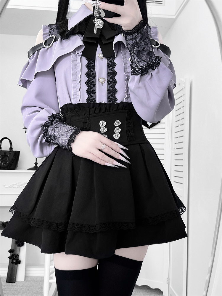 | Shoulder Kei Cutout Blouse with Dusty Purple Heart Decorative Look Buckle Jirai