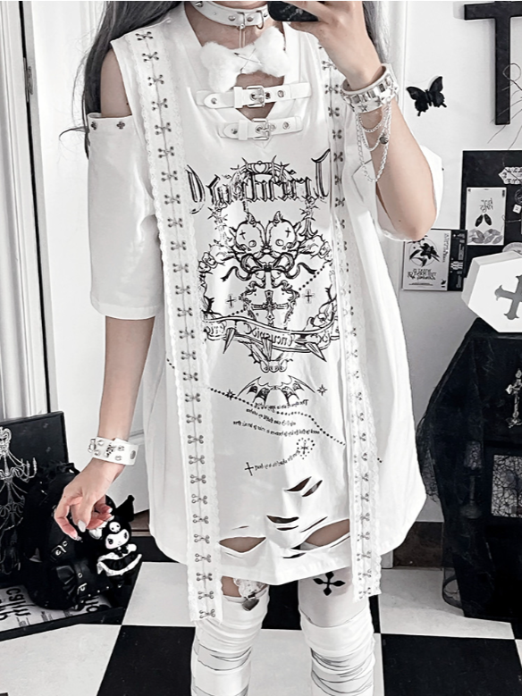 White Straps Short Trimmed Gothic Cutouts Shoulder with Sleeve Drop T-shirt Print Cross Lace Shoudler