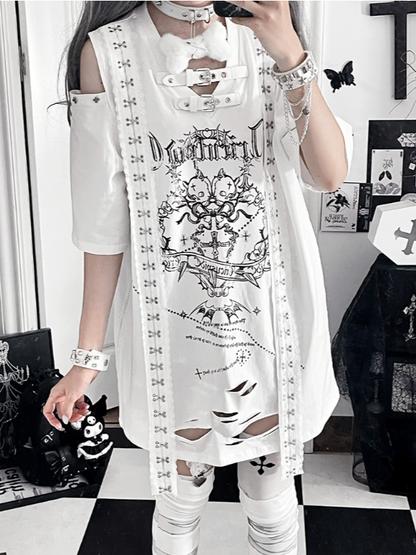 White Straps Short Trimmed Gothic Cutouts Shoulder with Sleeve Drop T-shirt Print Cross Lace Shoudler
