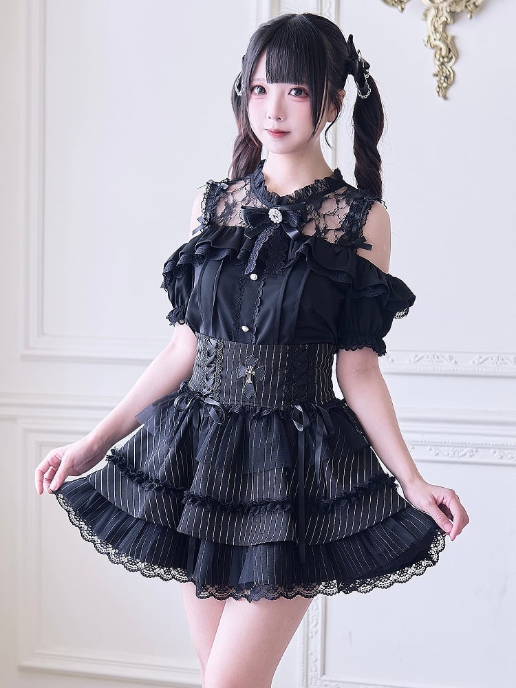 with Jirai Neckline Blouse Inspired Black Cutouts Kei Illusion Shoulder