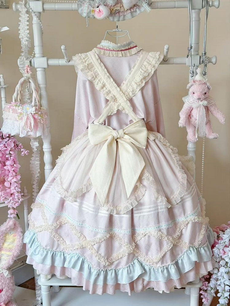 Hanfu-Inspired Lolita Top Set with Long Ruffle Skirt & Apron in Pink Blue - Berry Story Lolita