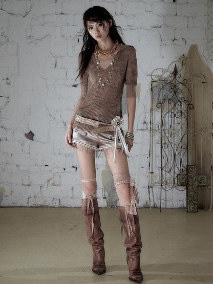 Pink-Brown Star V-Neck Knit Top with Hollow Out - NO ROMANCE