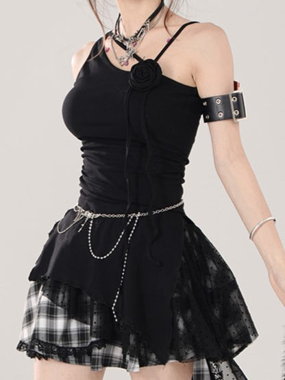 - Rose Sleeveless Black Asymmetrical Shoulder Accent Top