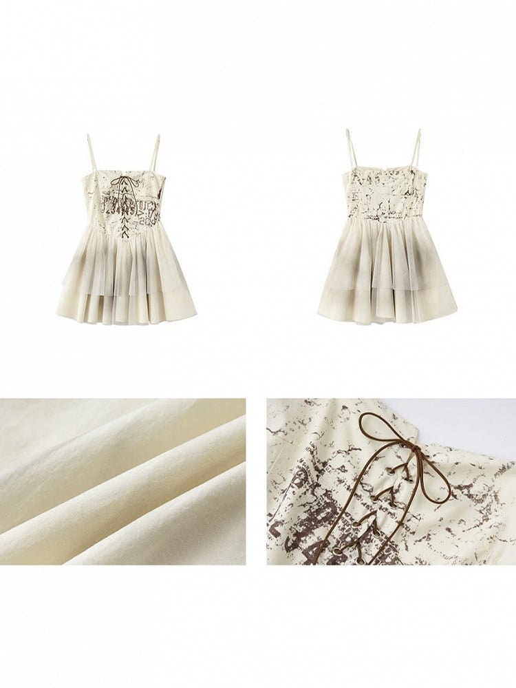 Punk Slip Crisscross Dress Lacing Tiered White with Tulle Skirt Distressed