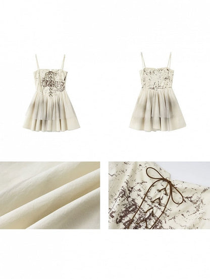 Punk Slip Crisscross Dress Lacing Tiered White with Tulle Skirt Distressed