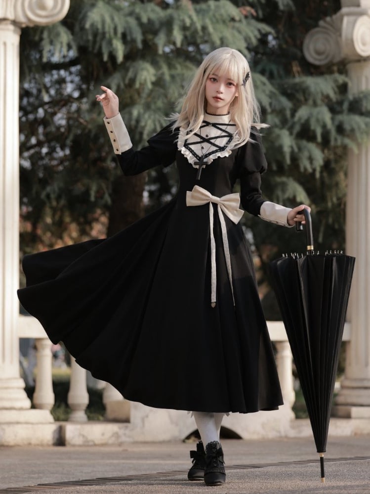 Schwarzes elegantes Juliette-Ärmelkleid Nonne Lolita Langarm Einteiler