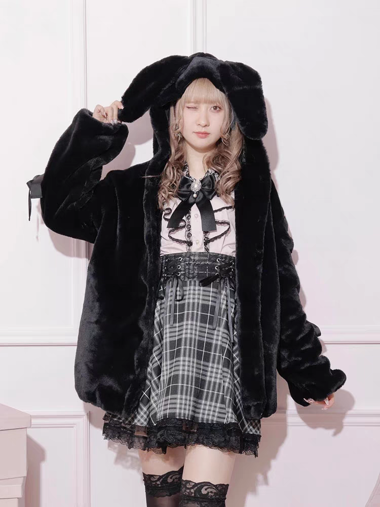 Sweet Jirai Kei Plush Bunny Ear Hooded Coat for Fall/Winter with Lace-Up Sleeves in Dusty Pink/White/Black