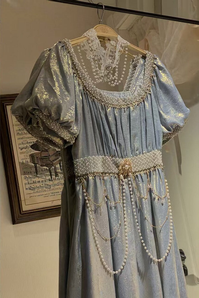 Blue Empire Waist Lolita OP Dress with Beadwork - Qian Mu