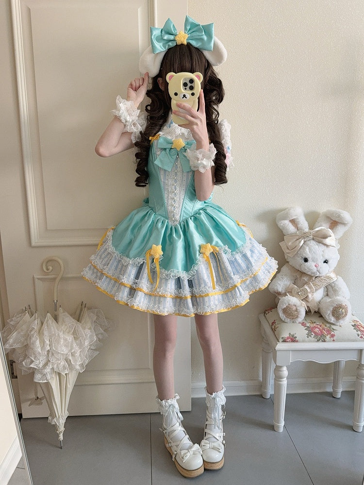 Stripe Basque and with Sweet Details Star Fluffy Accents Lolita Green Dress Waist