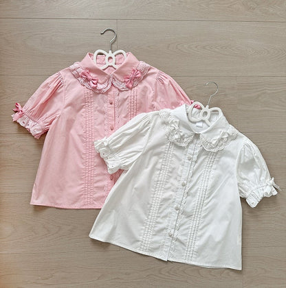 / ブラウス リボン 小さなピンク ショート デコレーション 袖 ホワイト