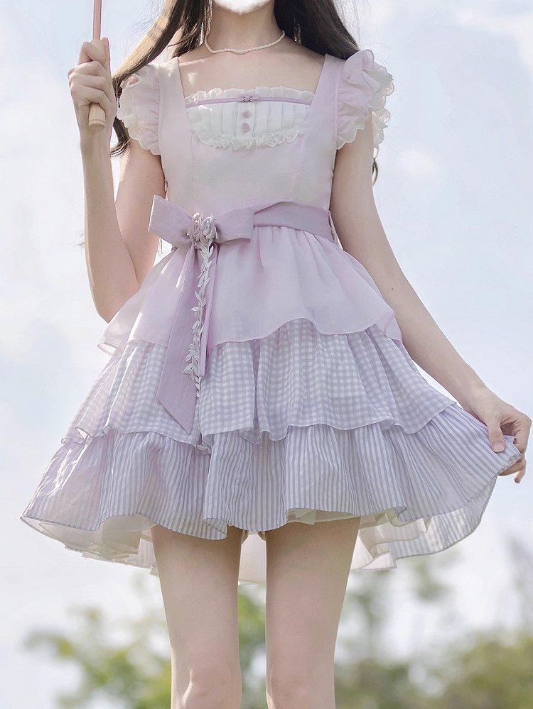 with and Skirt Belt Waist Tiered Sweet Lavender Flutter Sleeves Dress Floral Brooch