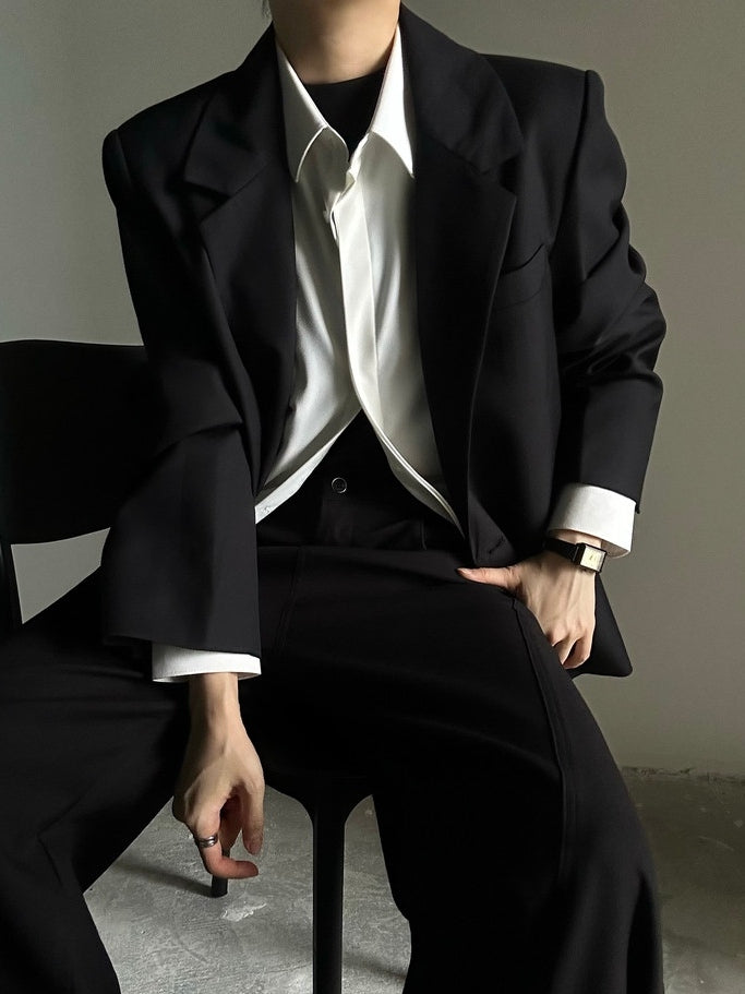 Black Collar with Notched Front Button Blazer - Ouji