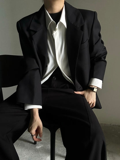 Black Collar with Notched Front Button Blazer - Ouji