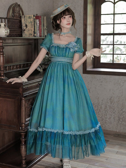 Ruffle Teal Lolita Dress with Chain, Choker & Hat Set - Classic - With PUJI