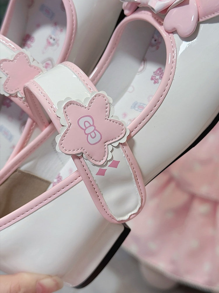 Lolita Bow Decor Toe Round - Flower Mary Accents Janes Sweet with Bunny Velcro Pink Theme