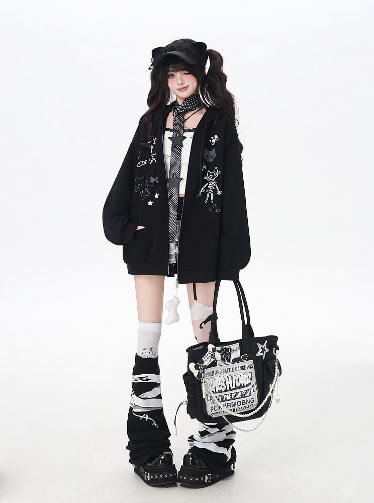 Bone Plushie Black/Gray Zip-up Hoodie with Kitty Ears Hood and