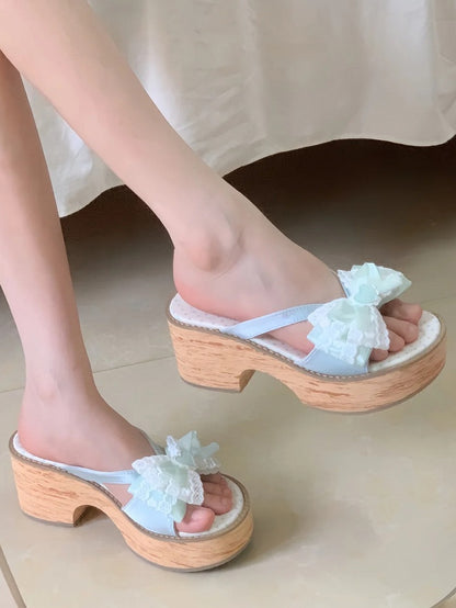 Lolita - Top Bow Slippers Satin Sole Mint Grain Wa at Platform Wood