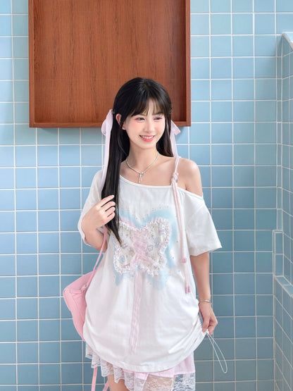 Sequins Decorated Lace-up White Asymmetrical Neckline T-shirt Detail Butterfly