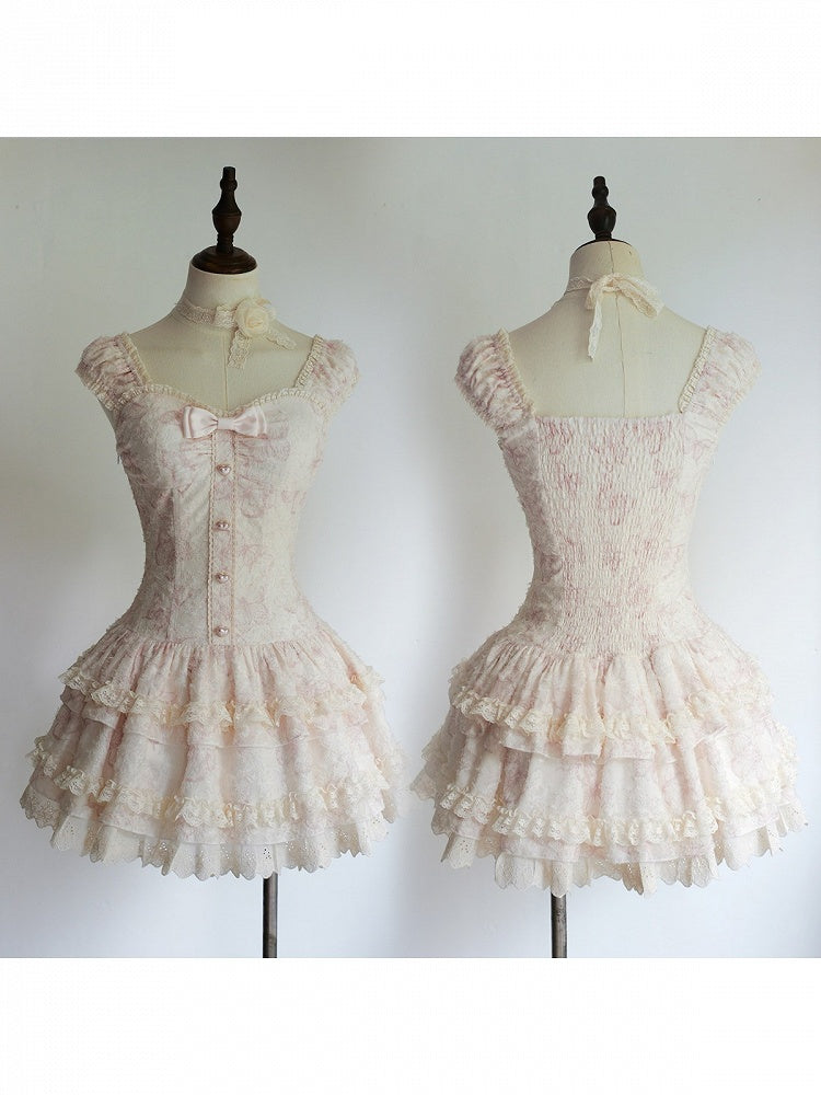 Boned Corset Dress with Heart Buttons, Sheer Ruffle Cardigan, Light Pink - Sweet Dream