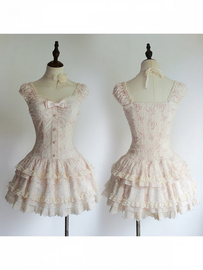 Boned Corset Dress with Heart Buttons, Sheer Ruffle Cardigan, Light Pink - Sweet Dream
