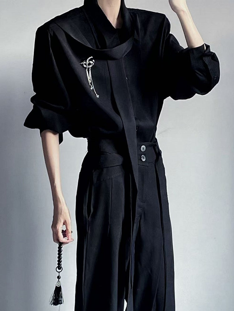 Dropped Sleeves Chiffon Delicate Shoulder and with Shirt Brooch Black