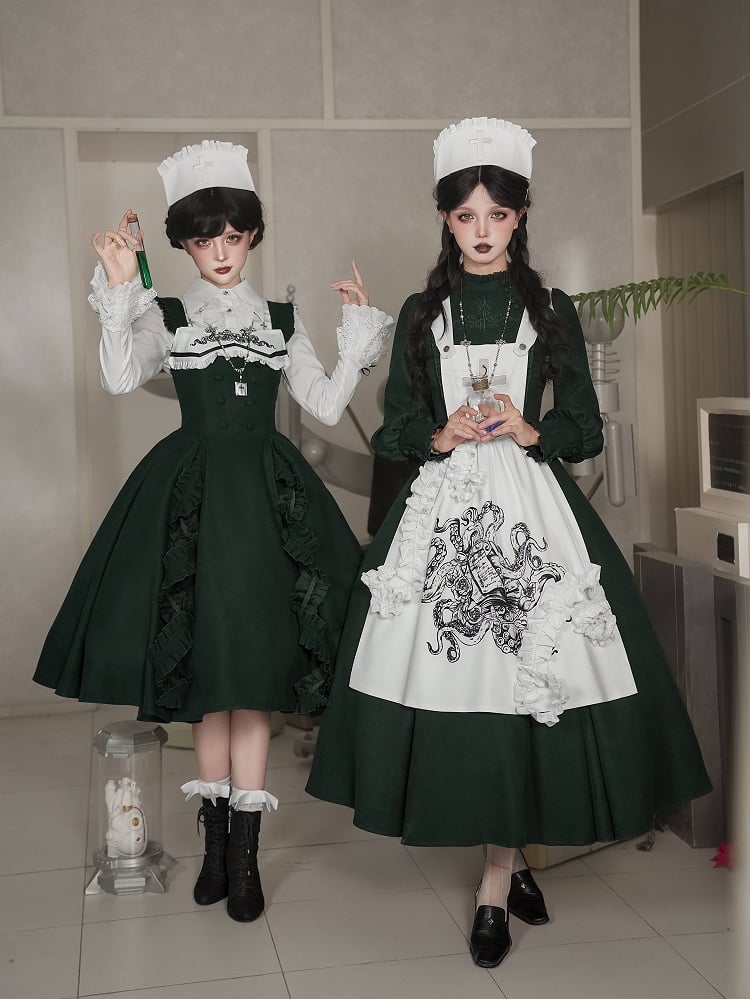 Dark Green Cthulhu Gothic Lolita OP Set – Tentacles + Apron + Nurse Hat + Necklace | With PUJI