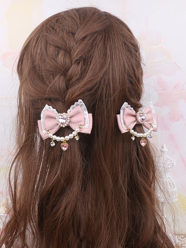 Heart Hairclip Options Pearl Color Bowknot Jirai Chian 8 Rhinestone Kei