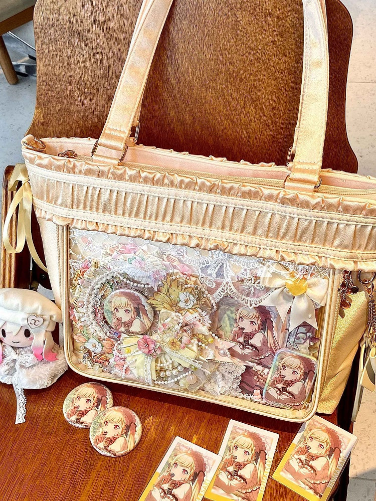 イエロートリムリボンボウラージイタバッグ大容量トートバッグフリル付き