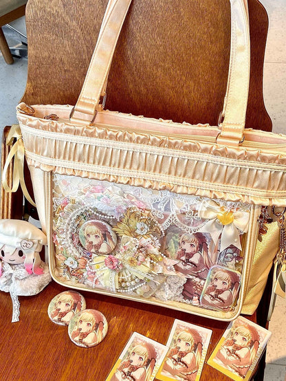 イエロートリムリボンボウラージイタバッグ大容量トートバッグフリル付き