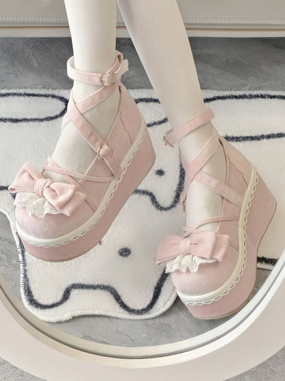 - Velvet Lolita Platforms Bow Pink Delicate Sweet Lace-Edged in