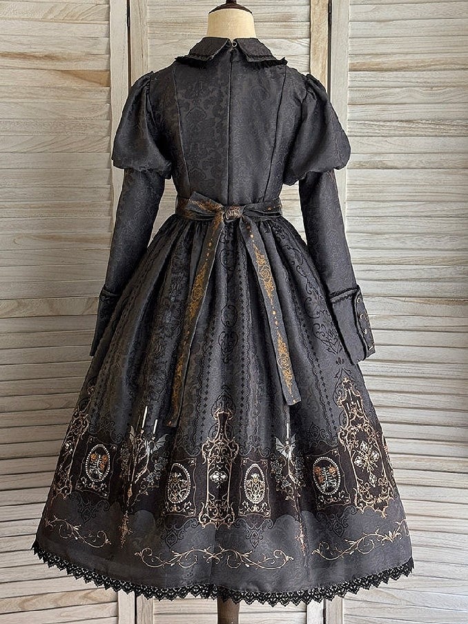 Lolita with Bat Juliette Wings Candelabras Sleeves Print Gray Dress Gothic