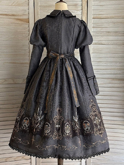 Lolita with Bat Juliette Wings Candelabras Sleeves Print Gray Dress Gothic