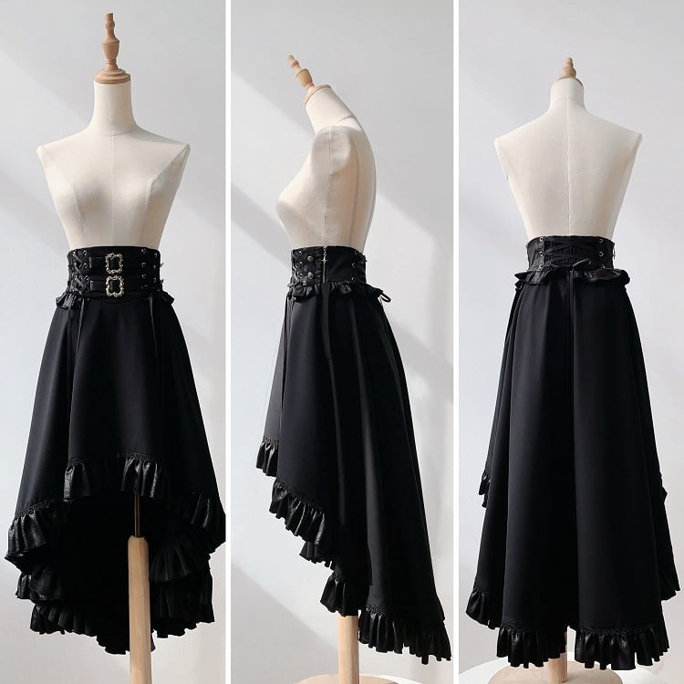 Black High Waist Gothic Lolita Cascading Ruffle High-low Skirt