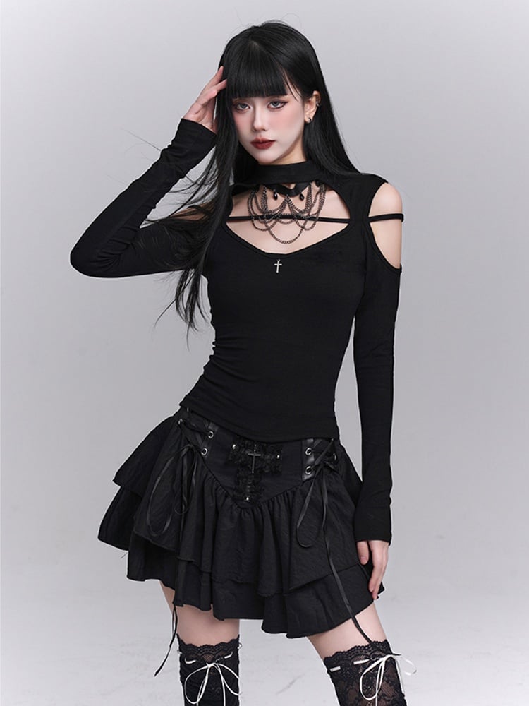 ブラック クルーネック カットアウト ショルダー クロス エンベリッシュド トップス