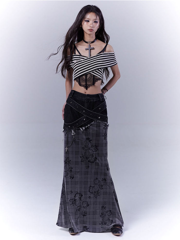 ブラック ローカット クロス スタッズ ストラップ チェック柄 ローズ マーメイド スカート ウエスト
