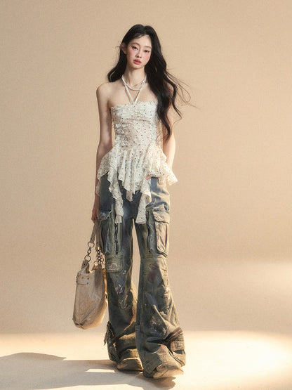 Volant Saum Weiß Glamourös Neckholder Polka Dot Top Muster Asymmetrische Trägerlosen