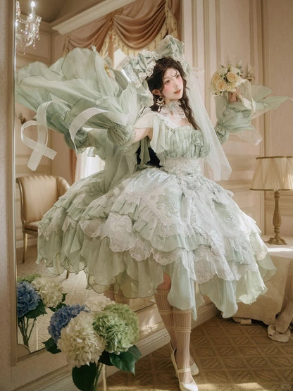 Hanayome Short Lolita Flowing Accents Dress Green Layered Version JSK Ruffles with Light Rose