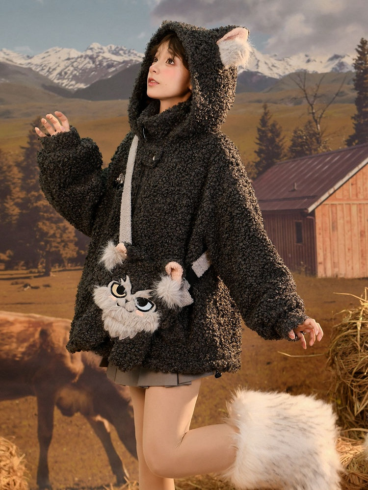 Mantel Ohren Kapuze Fleece Wolf Grau