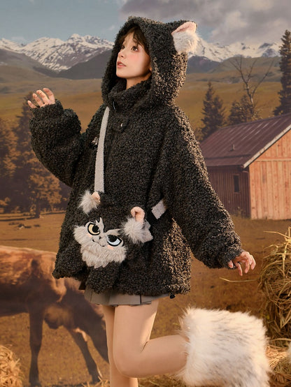 Mantel Ohren Kapuze Fleece Wolf Grau