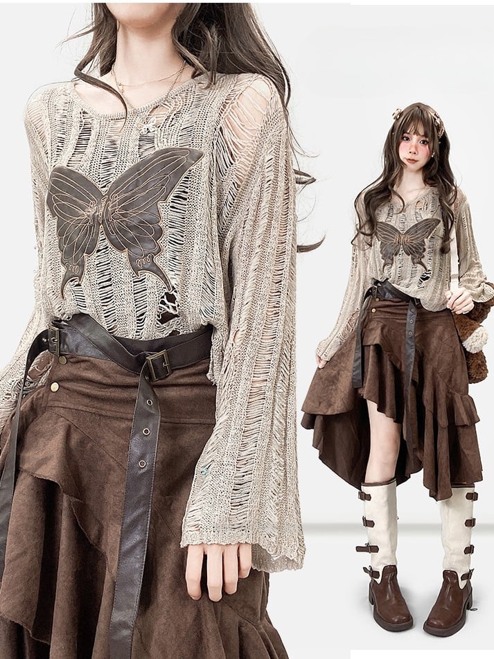 カットアウトバタフライファッションディテールカーキミラードアップリケトップ