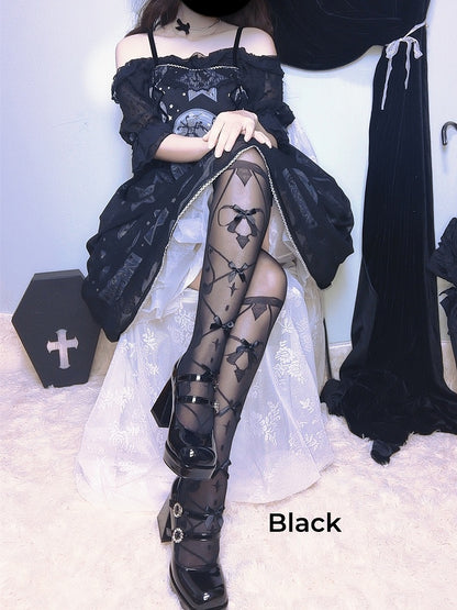 Bowknot Details Crisscorss Banded Print Lolita Over Knee Stockings