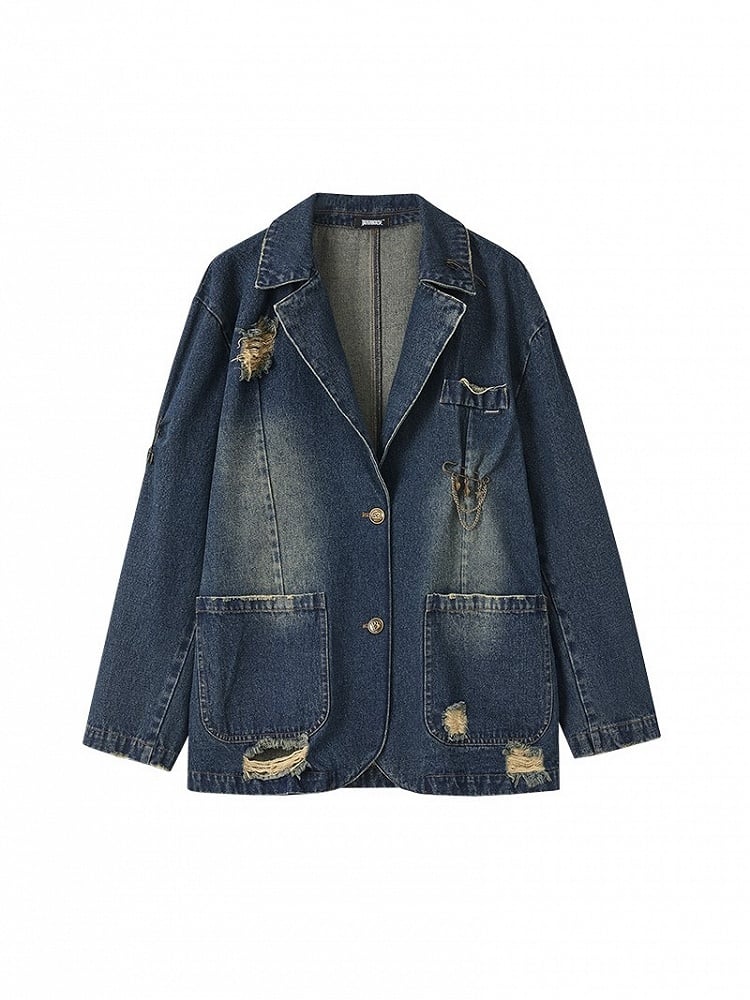 Blue Distressed Longline Vintage Fit Blazer Pockets with Denim 3D Hole Punk