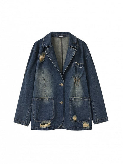 Blue Distressed Longline Vintage Fit Blazer Pockets with Denim 3D Hole Punk