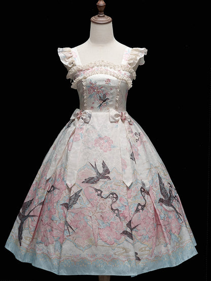 Swallow Kite and Peach Blossom Print Pink Chinoiserie Lolita Dress - Dream Magic Box