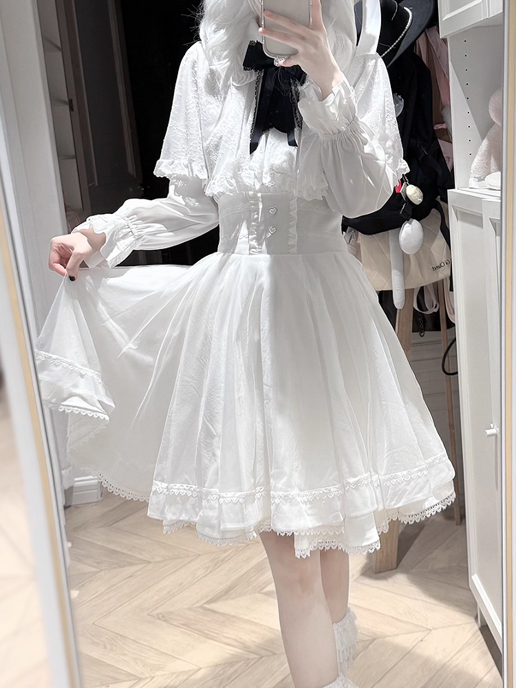 Kei Heart Long with White Short Skirt Buttons - / Tiered High-Waist Jirai Version